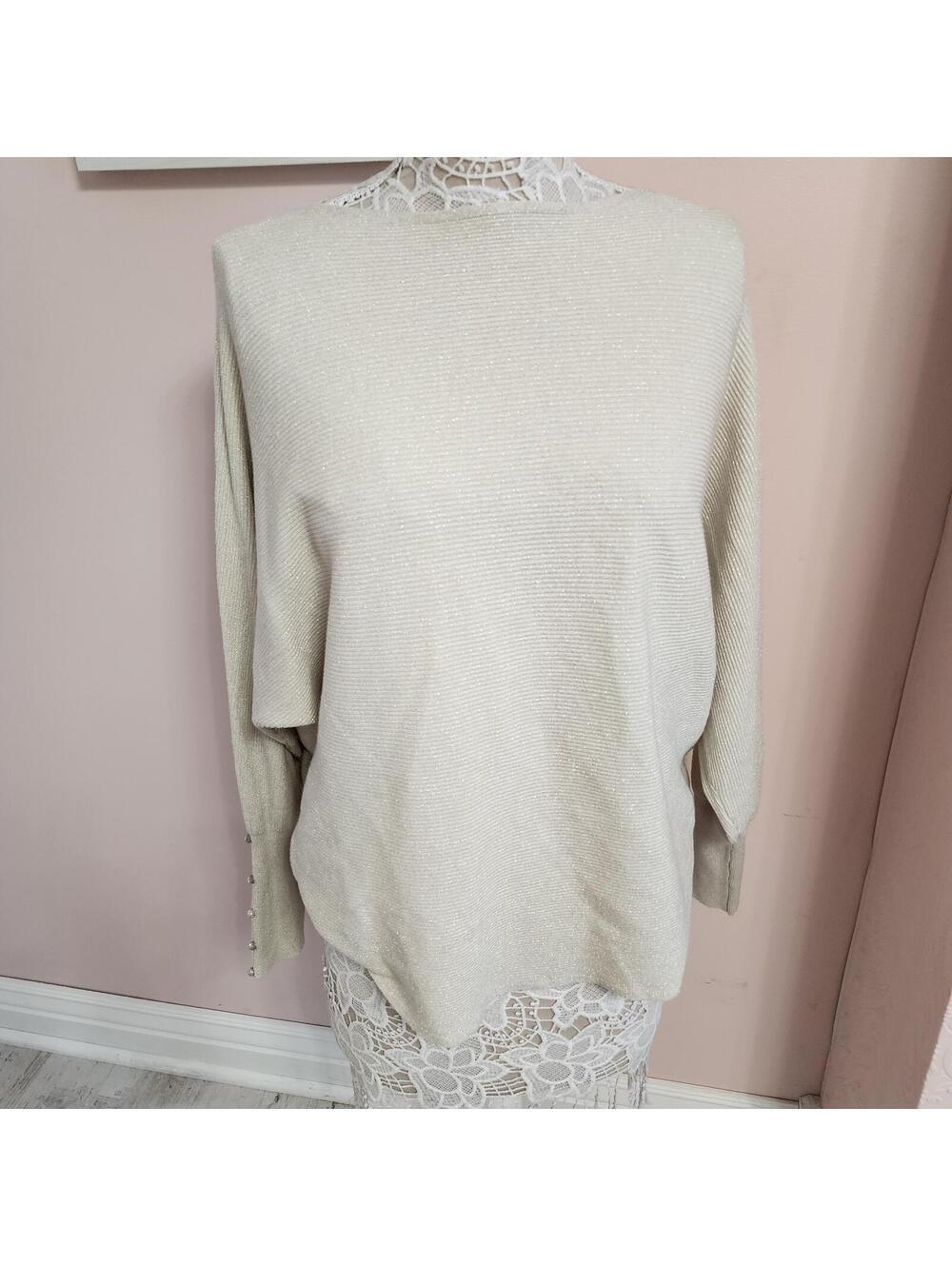 Vila Milano Nomad Tan Ribbed Knit Dolman Sleeve Sweater Crystal Button XL